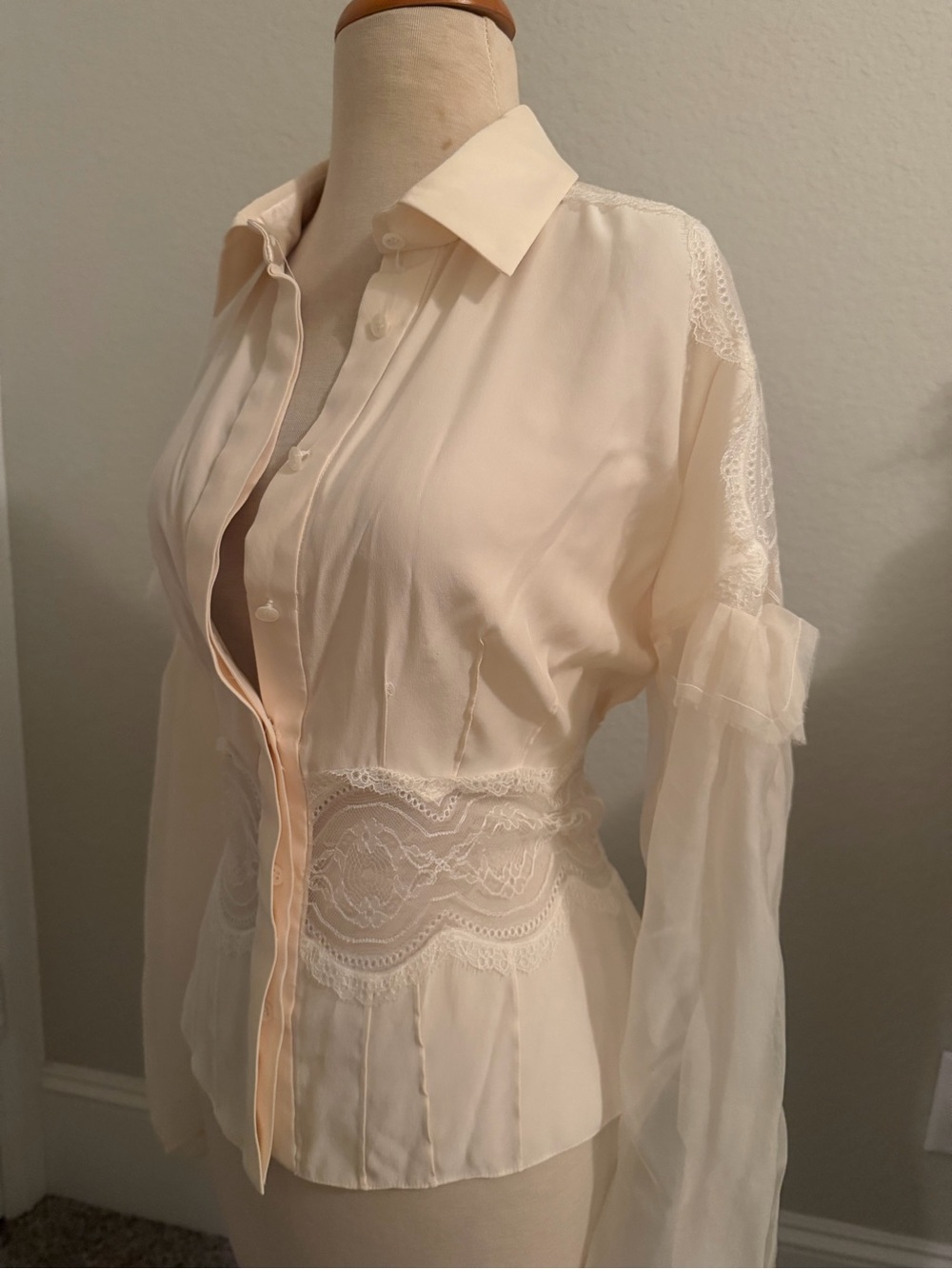 Carolina Herrera Sheer Lace Panel Button-Down Blouse - Cream